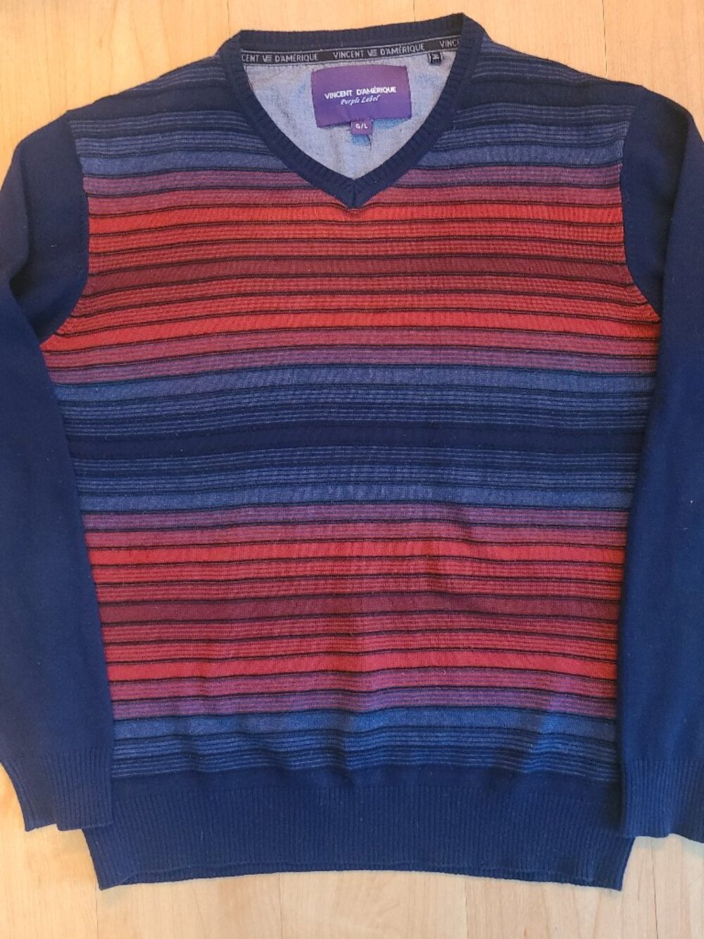 Vincent D'Amerique Sweater Mens Large Purple Label Striped V-Neck Blue Red Knit